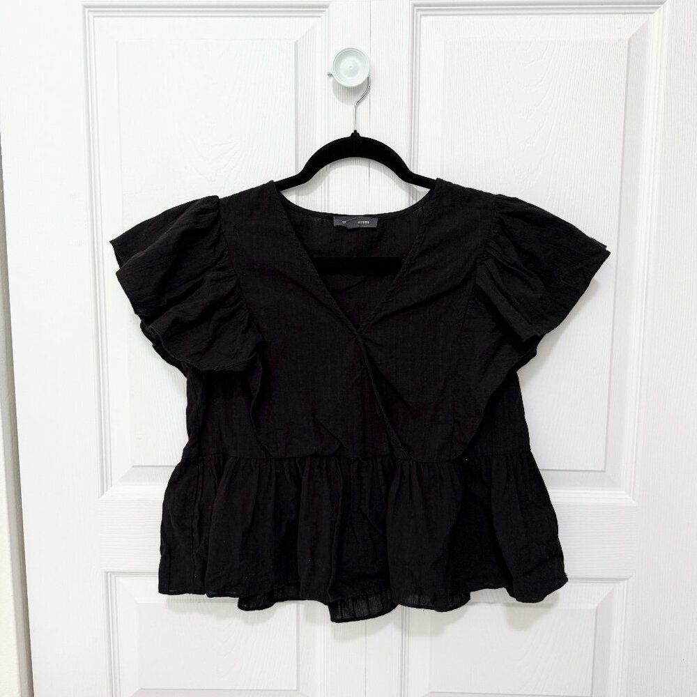 Women Grade & Gather Women V-Neck Flutter Sleeves Plain Top in Black Size Small - Picture 2 of 8